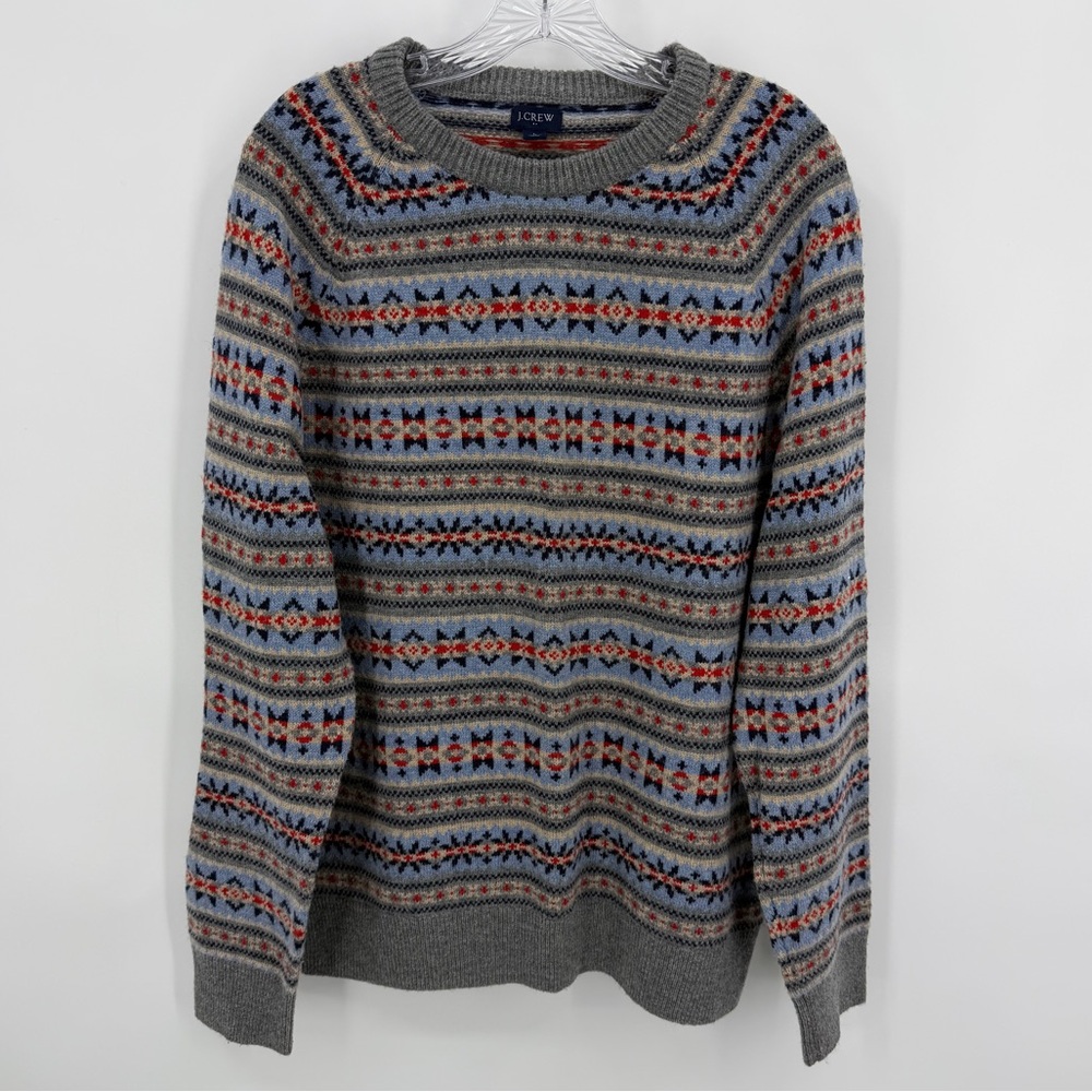 J. Crew Fair Isle Icelandic Sweater Lambswool Blend Gray Multi Size L
